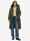 Superdry Everest Faux Fur Longline Jacket, Army Khaki
