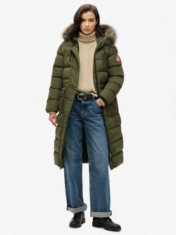 Superdry Everest Faux Fur Longline Jacket, Army Khaki, Army Khaki