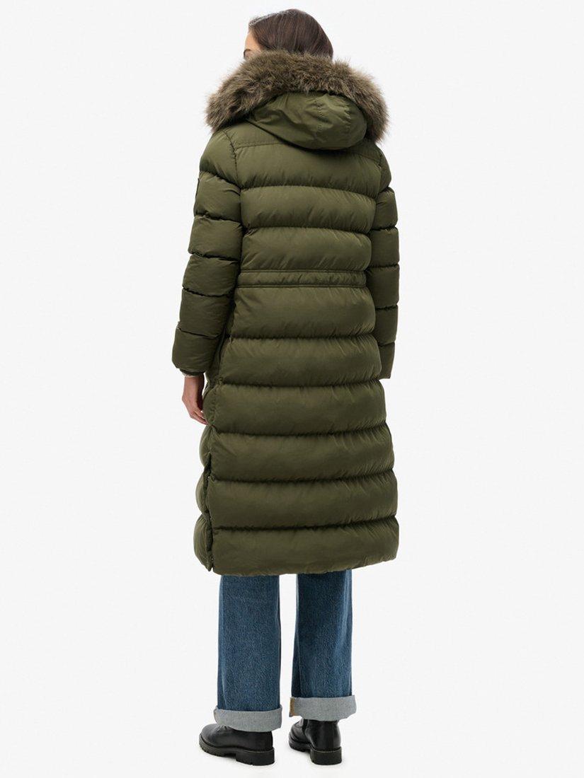 Product image 2 of 6, which shows Superdry Everest Faux Fur Longline Jacket, Army Khaki, 8