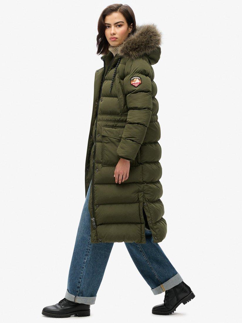 Product image 4 of 6, which shows Superdry Everest Faux Fur Longline Jacket, Army Khaki, 8