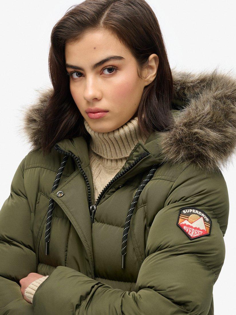 Product image 5 of 6, which shows Superdry Everest Faux Fur Longline Jacket, Army Khaki, 8