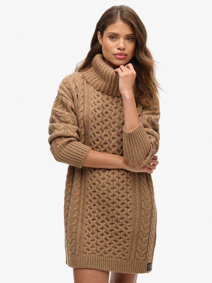 Product image 1 of 5, which shows Superdry Roll Neck Cable Knit Jumper Dress, Caramel Twist, 8