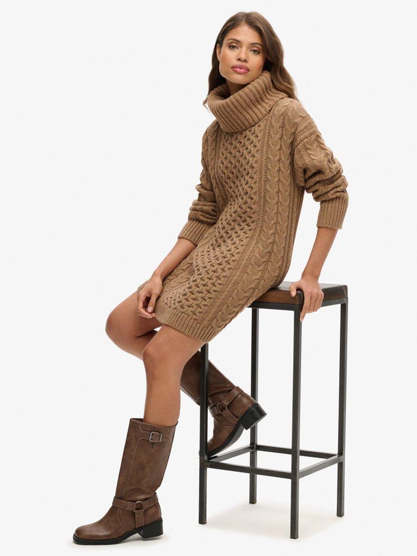 Product image 3 of 5, which shows Superdry Roll Neck Cable Knit Jumper Dress, Caramel Twist, 8