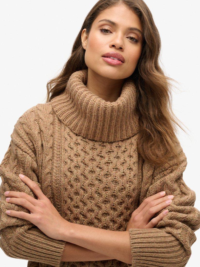 Product image 4 of 5, which shows Superdry Roll Neck Cable Knit Jumper Dress, Caramel Twist, 8
