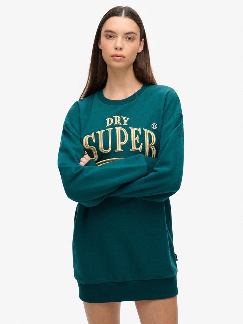 Product image 1 of 5, which shows Superdry Luxe Metallic Logo Sweat Dress, Deep Teal, 6-8