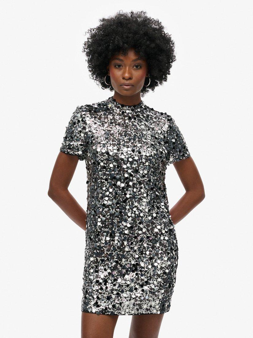 Superdry Sequin T Shirt Mini Dress Silver