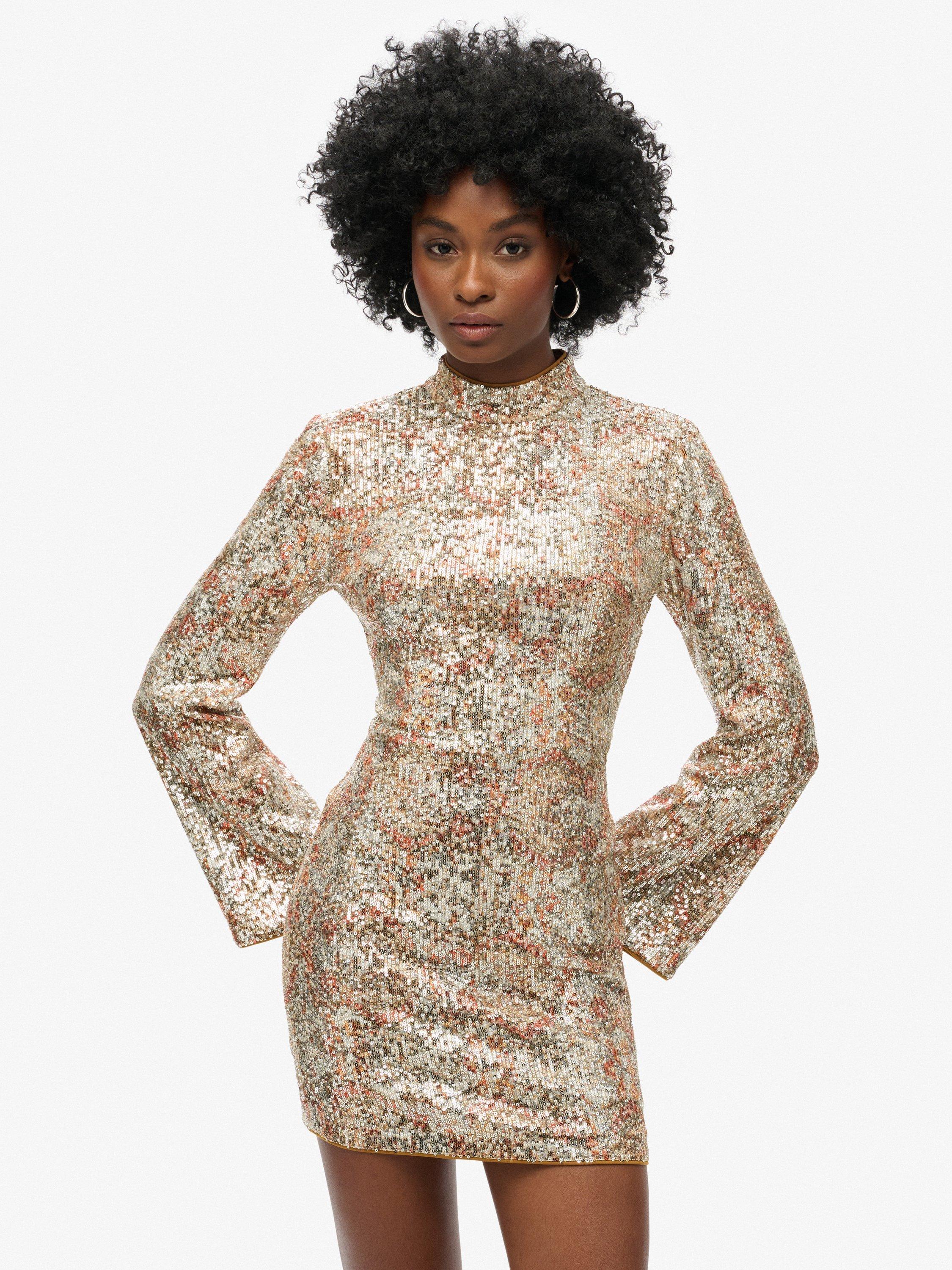 Product image 1 of 6, which shows Superdry Printed Sequin Long Sleeve Mini Dress, Gold, 8
