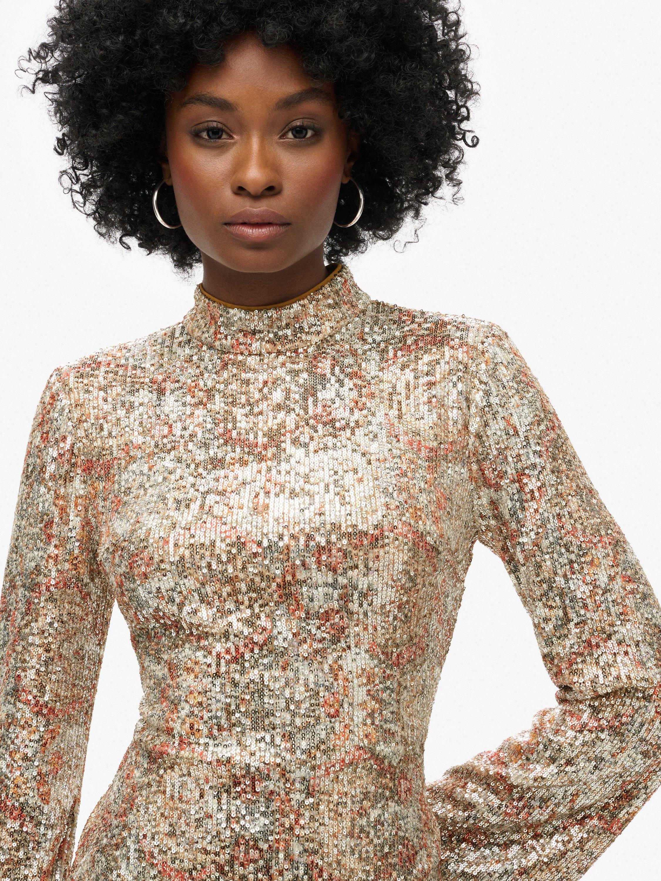 Product image 4 of 6, which shows Superdry Printed Sequin Long Sleeve Mini Dress, Gold, 8
