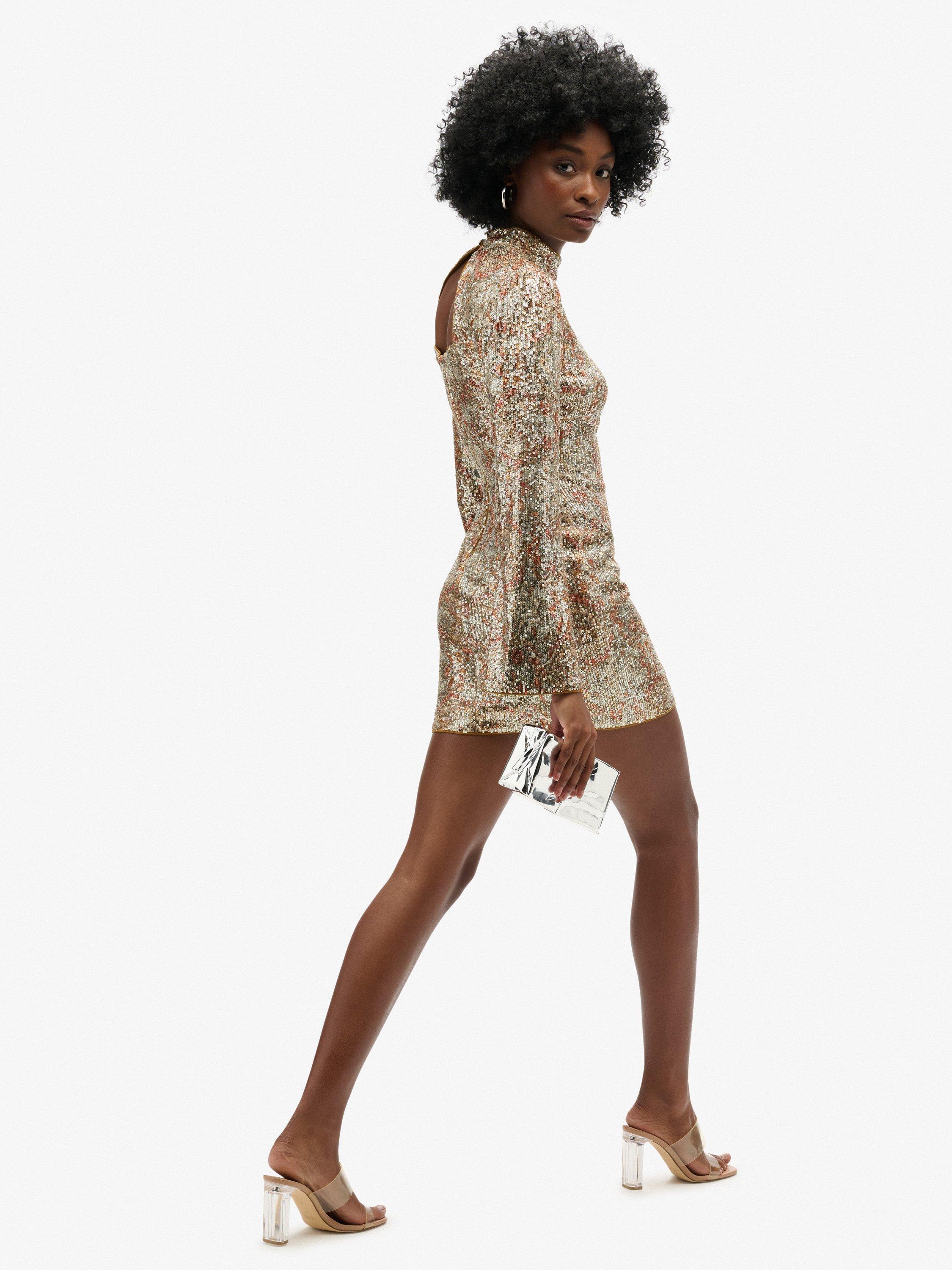 Product image 5 of 6, which shows Superdry Printed Sequin Long Sleeve Mini Dress, Gold, 8