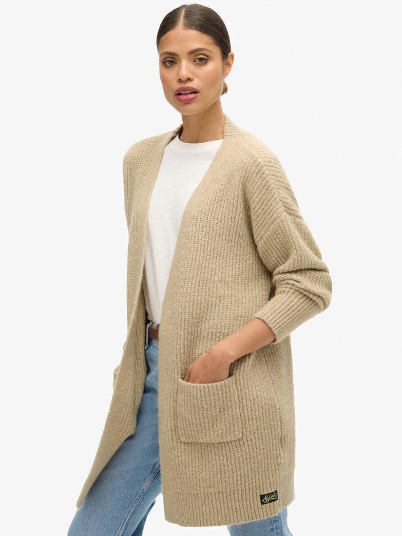 Product image 1 of 6, which shows Superdry Essential Long Knit Wool Blend Cardigan, Fudge Brown, 6-8