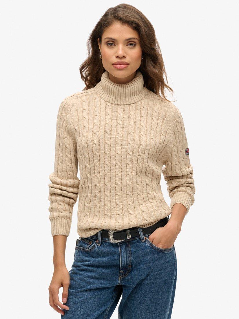Product image 1 of 5, which shows Superdry Slouchy Cable Roll Neck Jumper, Winter Taupe Twist, 8