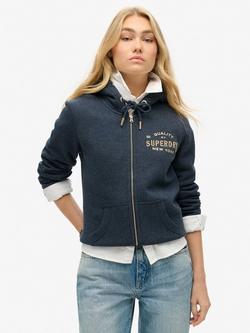 Superdry Luxe Metallic Logo Zip Hoodie, Trench Navy Marl, Trench Navy Marl