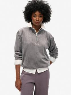 Superdry Country Club Velour Half Zip Jumper, Rock Dark Grey, Rock Dark Grey