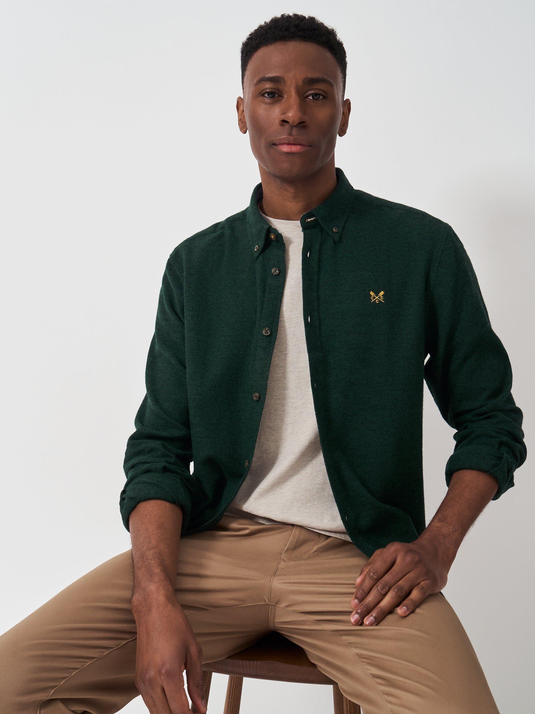 Product image 1 of 5, which shows Crew Clothing Cotton Regular Fit Flannel Shirt, Dark Green, XS