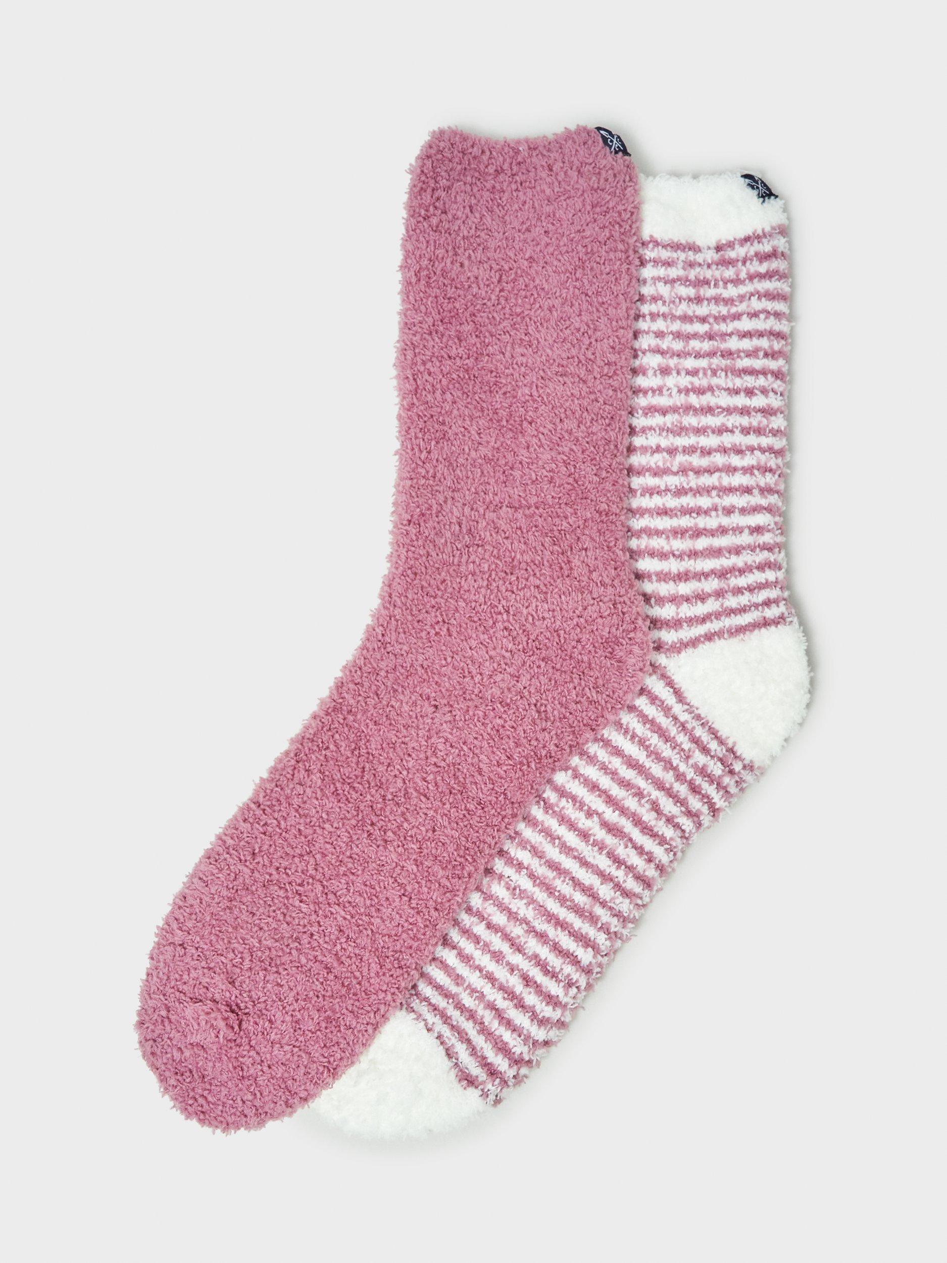 Crew Clothing Plain/Stripe Fluffy Socks, Pack of 2, Pastel Pink/White, One Size
