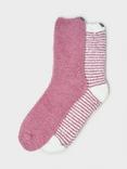 Crew Clothing Plain/Stripe Fluffy Socks, Pack of 2, Pastel Pink/White, One Size