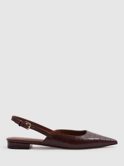 Reiss Aubrey Leather Croc Effect Pointed Slingback Pumps, Oxblood, Oxblood