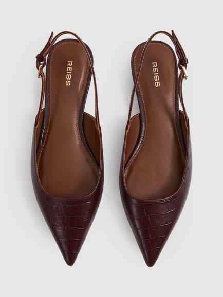 Reiss Aubrey Leather Croc Effect Pointed Slingback Pumps, Oxblood - view 2, Oxblood