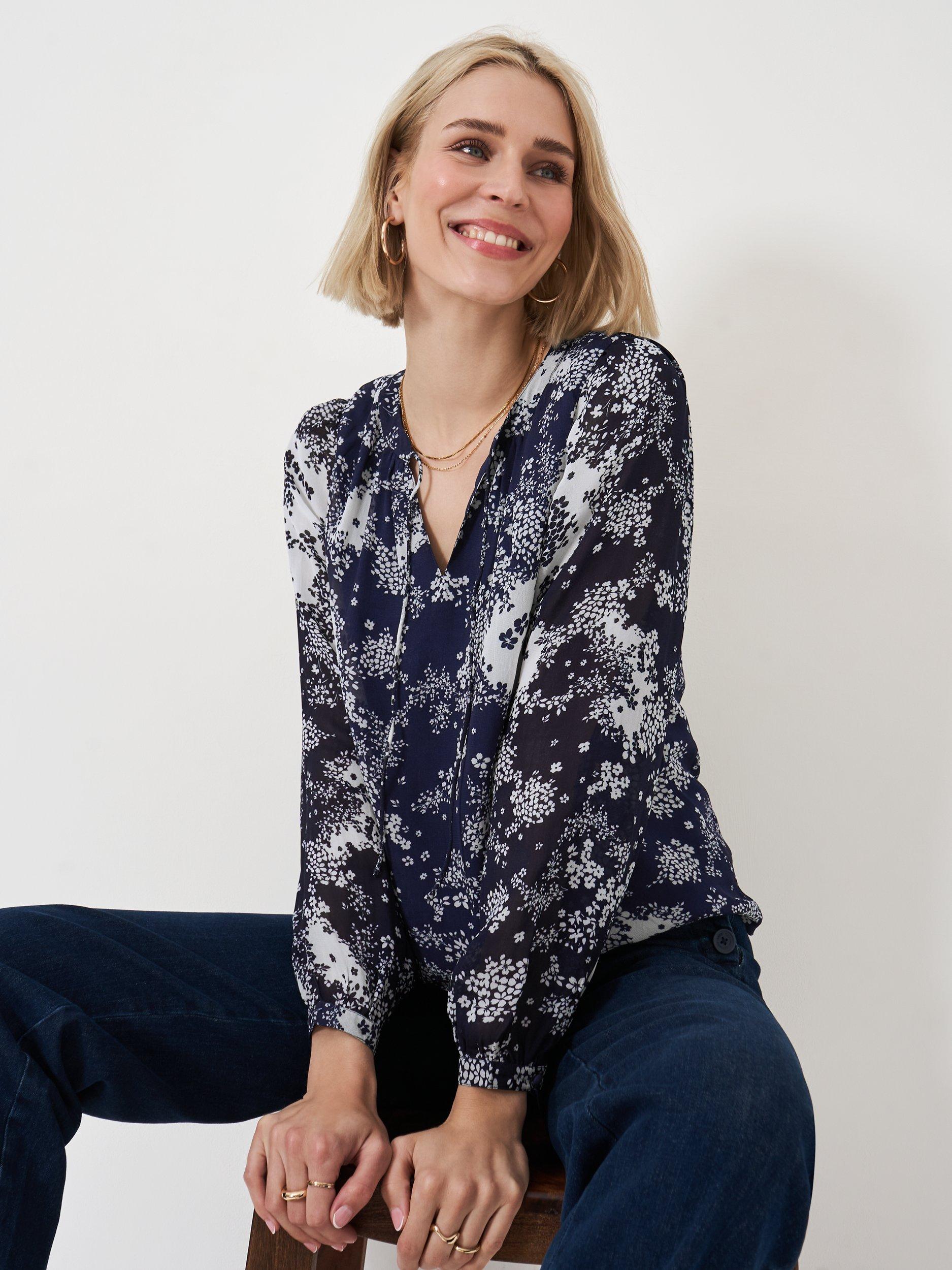 Product image 1 of 5, which shows Crew Clothing Floral Tie Neck Blouse, Blue/Multi, 10