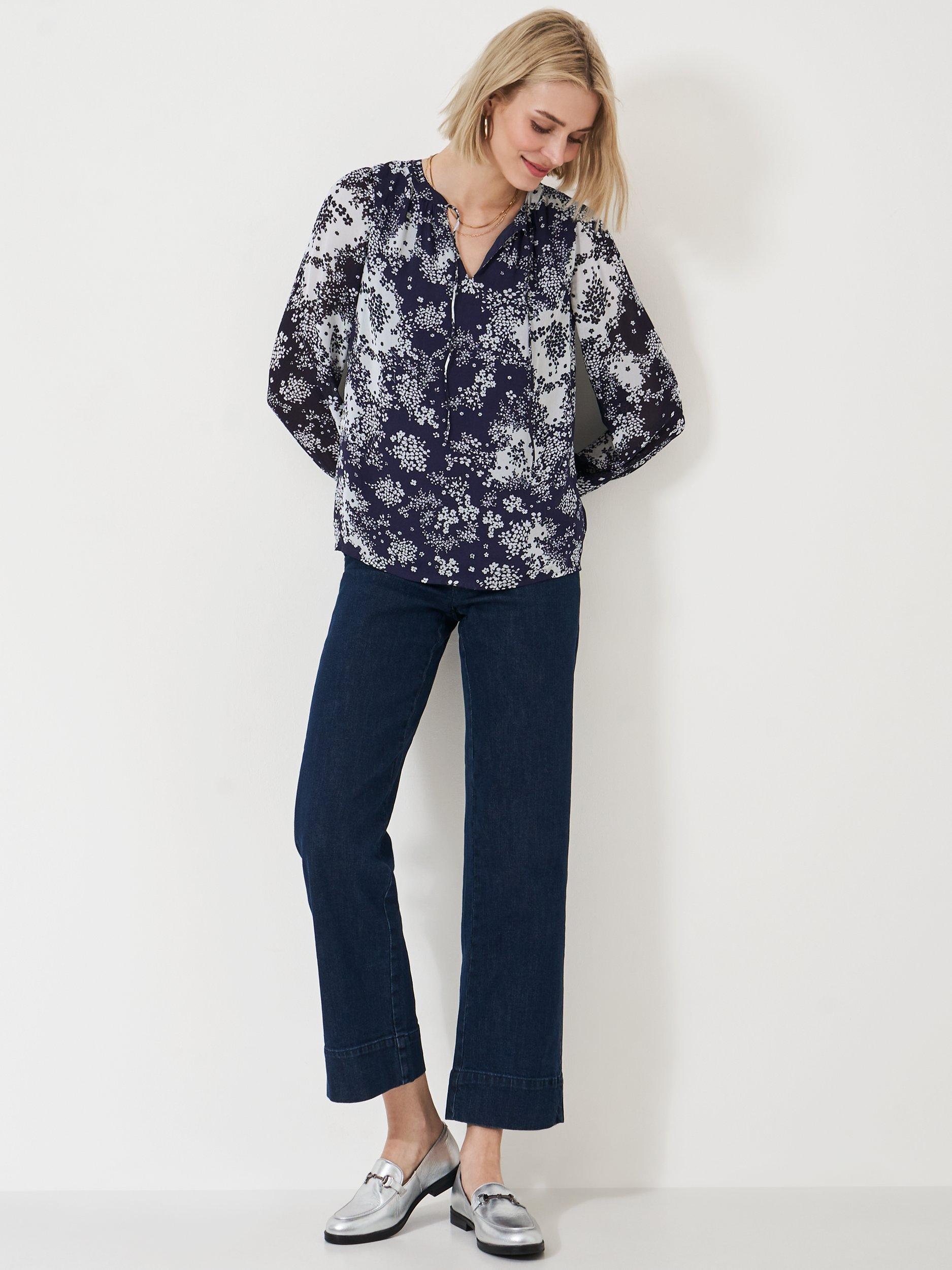 Product image 2 of 5, which shows Crew Clothing Floral Tie Neck Blouse, Blue/Multi, 10