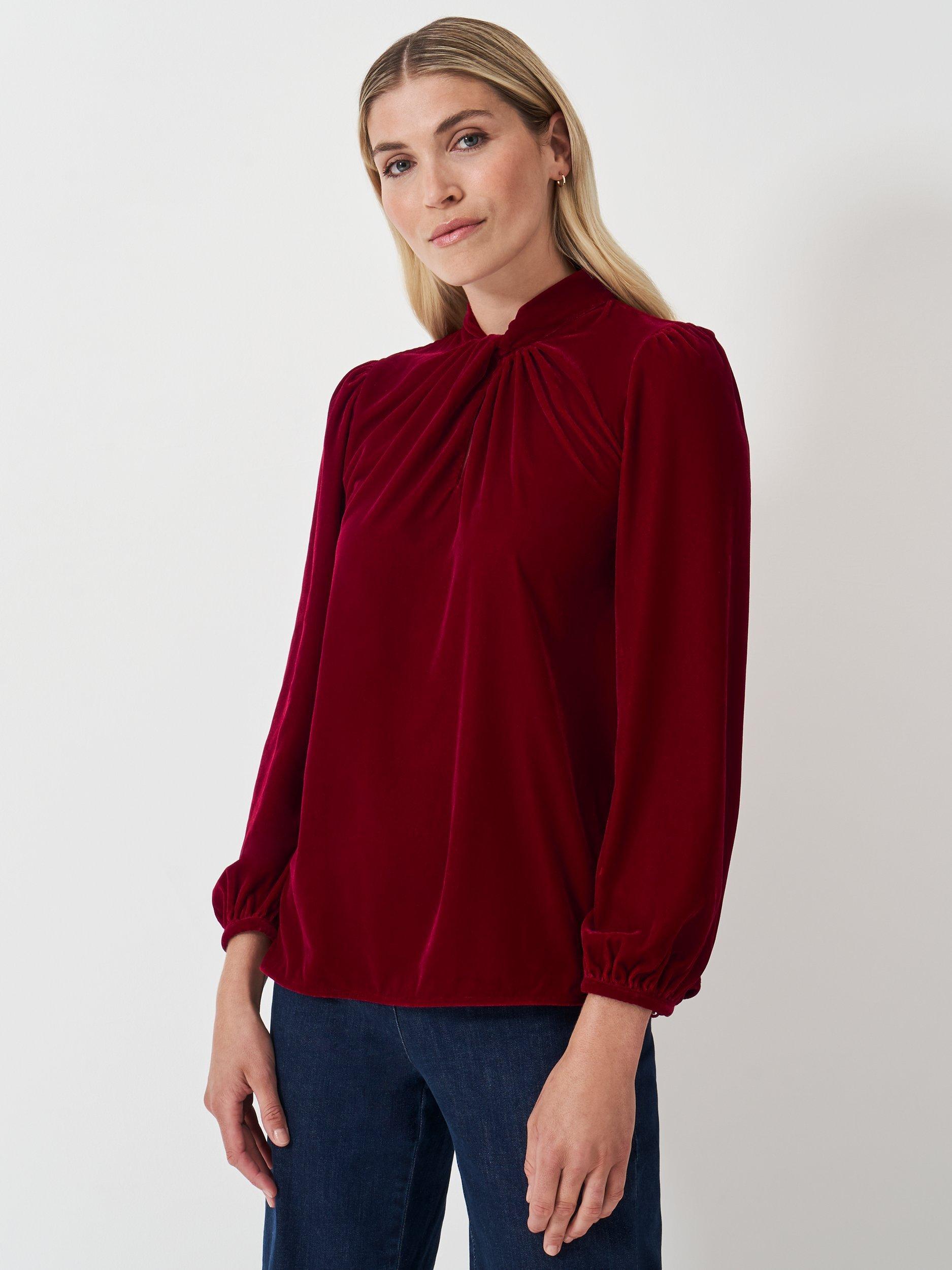 Crew Clothing Georgia Twsit Front Velvet Top, Red Wine
