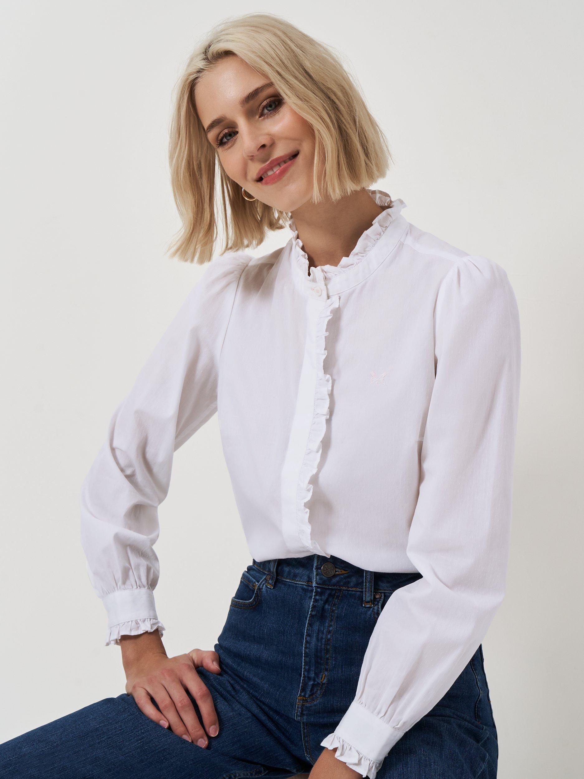 Product image 1 of 5, which shows Crew Clothing Pie Crust Collar Ruffle Shirt, White, 8
