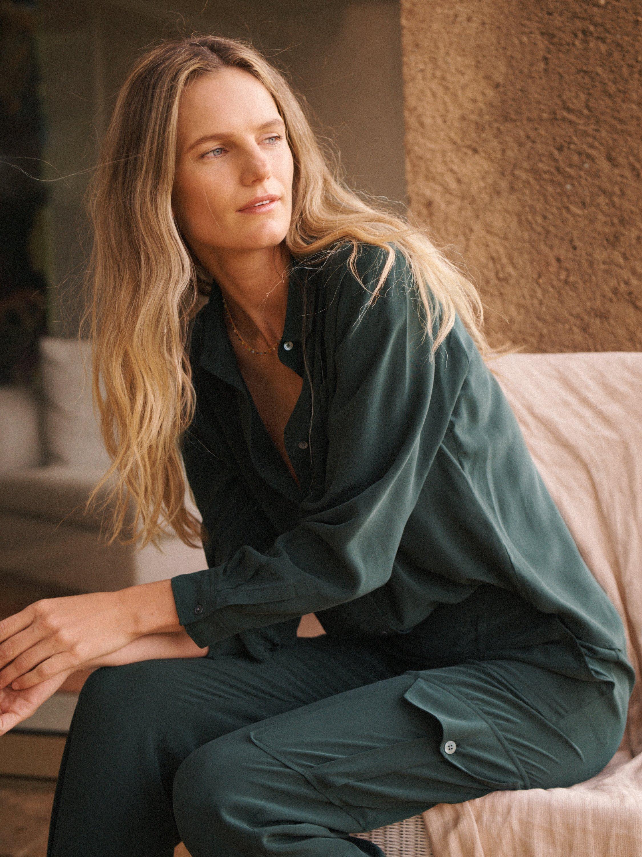 Product image 2 of 10, which shows NRBY Chiara Silk Shirt, Khaki, XS
