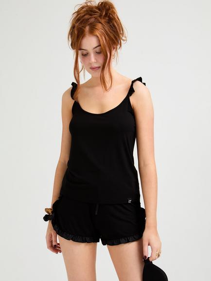 Pretty You London Bamboo Frill Cami Short Pyjama Set, Black, Black