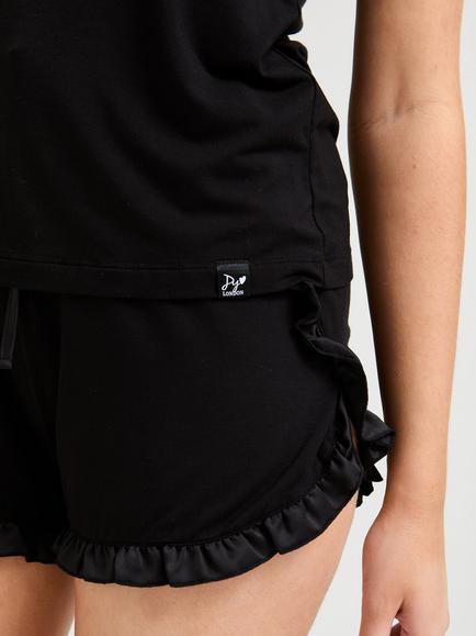 Pretty You London Bamboo Frill Cami Short Pyjama Set, Black - view 2, Black