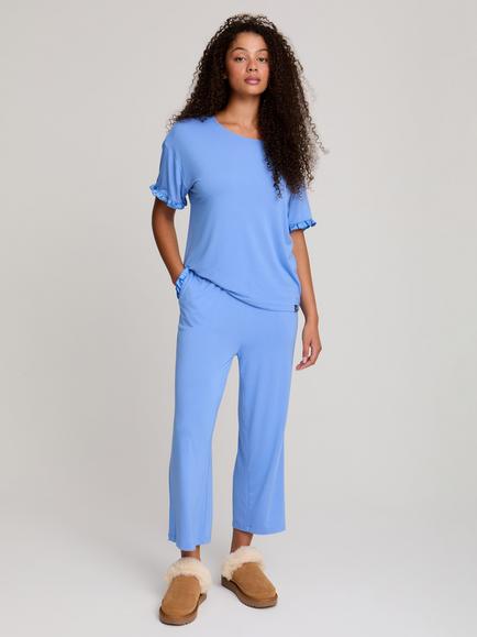 Pretty You London Bamboo Frill Tee Trouser Set, Cornflower Blue, Cornflower Blue