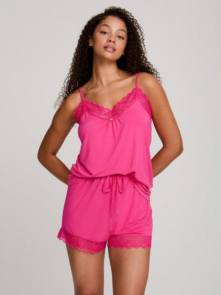 Pretty You London Bamboo Lace Cami Short Pyjama Set, Raspberry - view 2, Raspberry