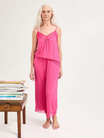 Pretty You London Bamboo Lace Cami Cropped Pyjama Set, Raspberry, Raspberry