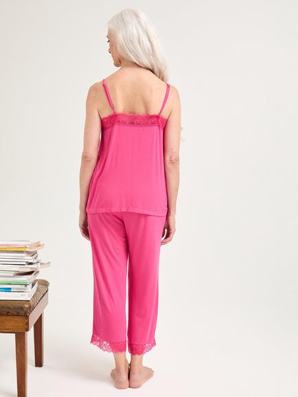Pretty You London Bamboo Lace Cami Cropped Pyjama Set, Raspberry - view 2, Raspberry