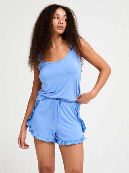 Pretty You London Bamboo Frill Short Pyjama Set, Cornflower Blue, Cornflower Blue