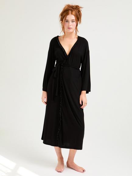 Pretty You London Bamboo Frill Kimono Dressing Gown, Black, Black