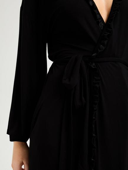 Pretty You London Bamboo Frill Kimono Dressing Gown, Black - view 2, Black