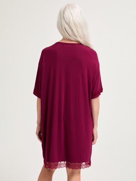 Pretty You London Bamboo Lace T-Shirt Nightdress, Bordeaux - view 2, Bordeaux