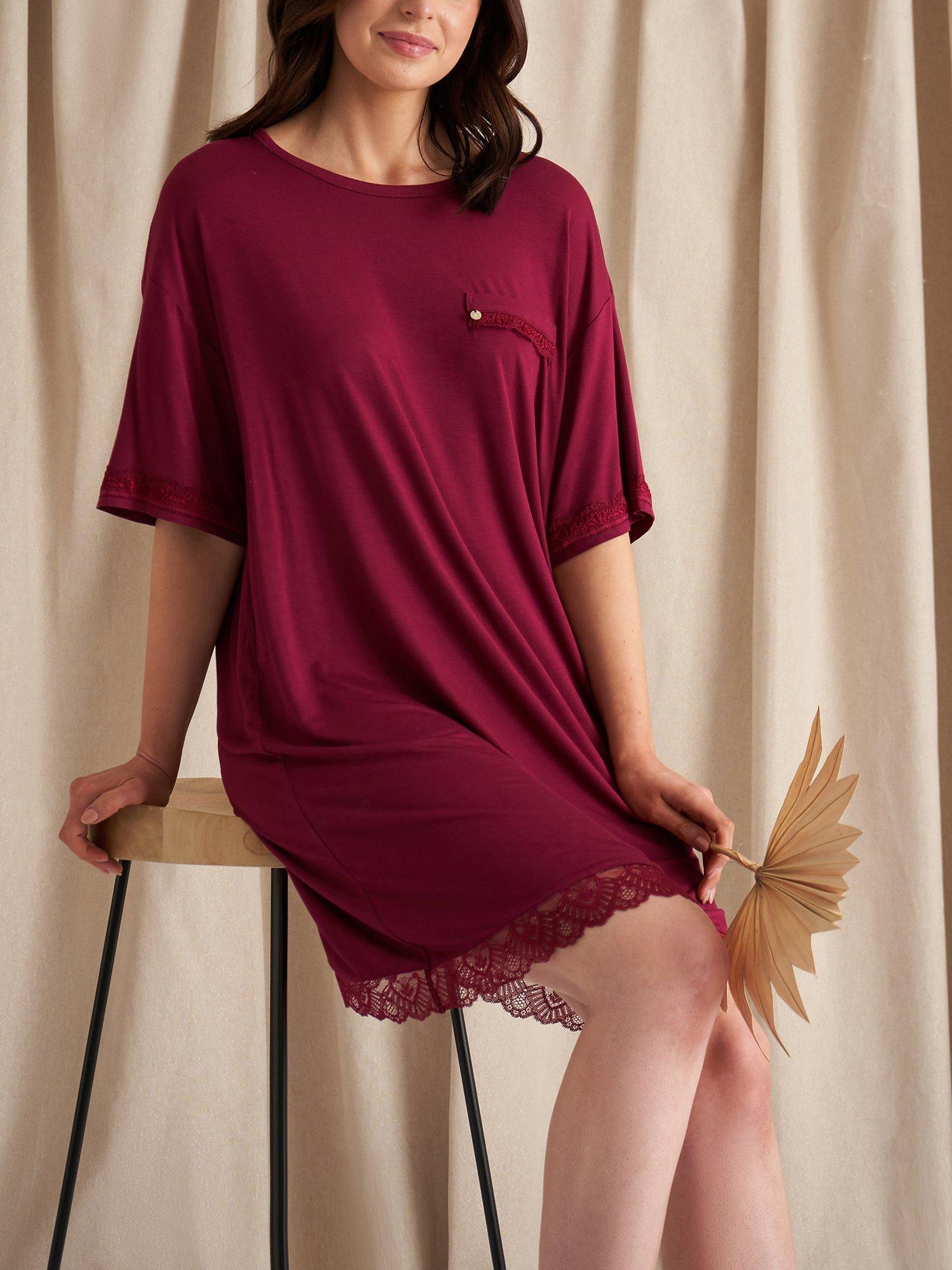 Product image 3 of 3, which shows Pretty You London Bamboo Lace T-Shirt Nightdress, Bordeaux, 8