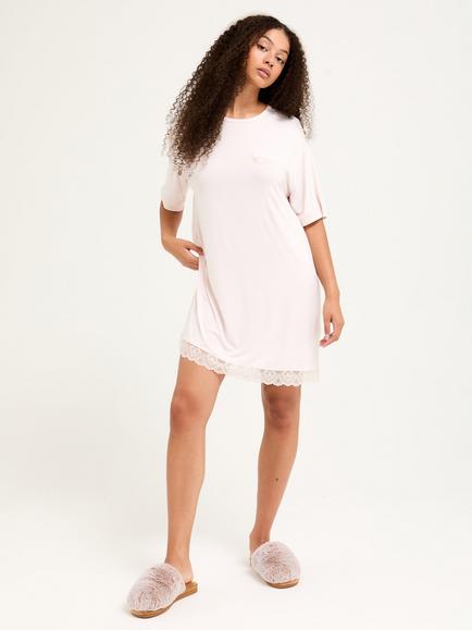 Pretty You London Bamboo Lace T-Shirt Nightdress, Powder Puff, Powder Puff