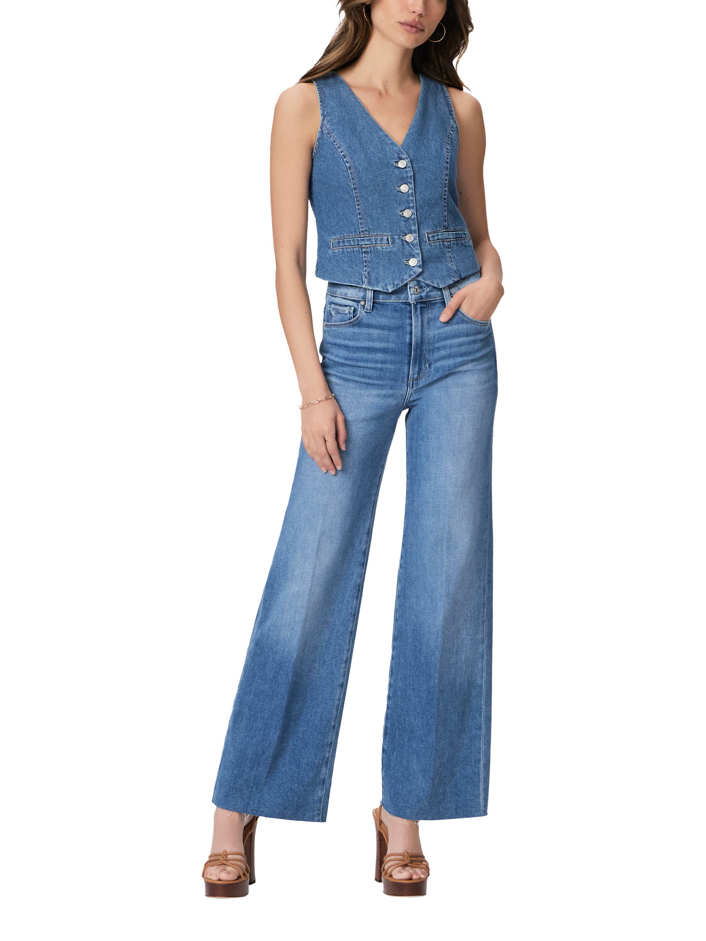 Product image 1 of 4, which shows PAIGE Vintage High Rise Wide Leg Raw Hem Jeans, Blue, 28