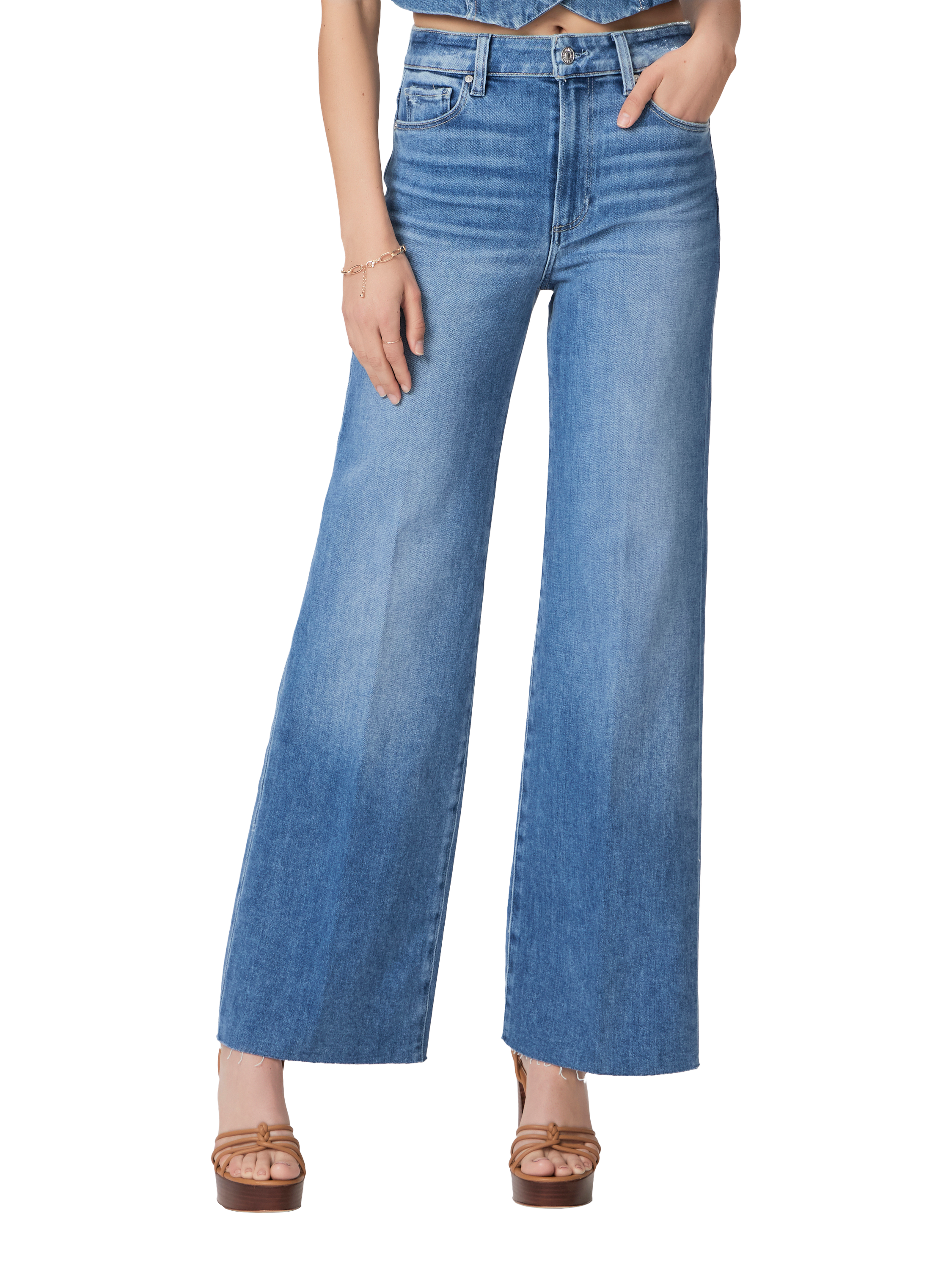 Product image 2 of 4, which shows PAIGE Vintage High Rise Wide Leg Raw Hem Jeans, Blue, 28
