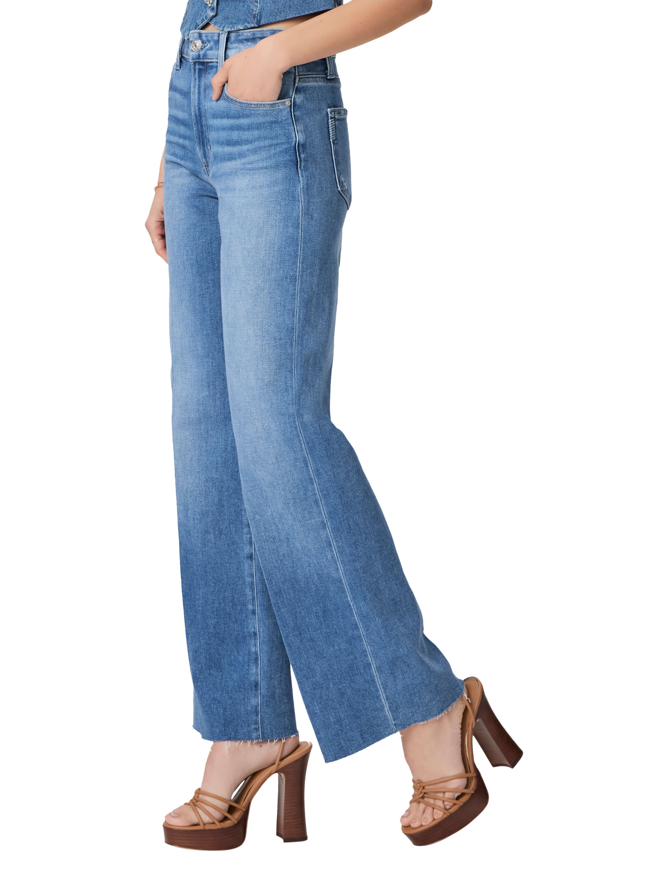 Product image 3 of 4, which shows PAIGE Vintage High Rise Wide Leg Raw Hem Jeans, Blue, 28