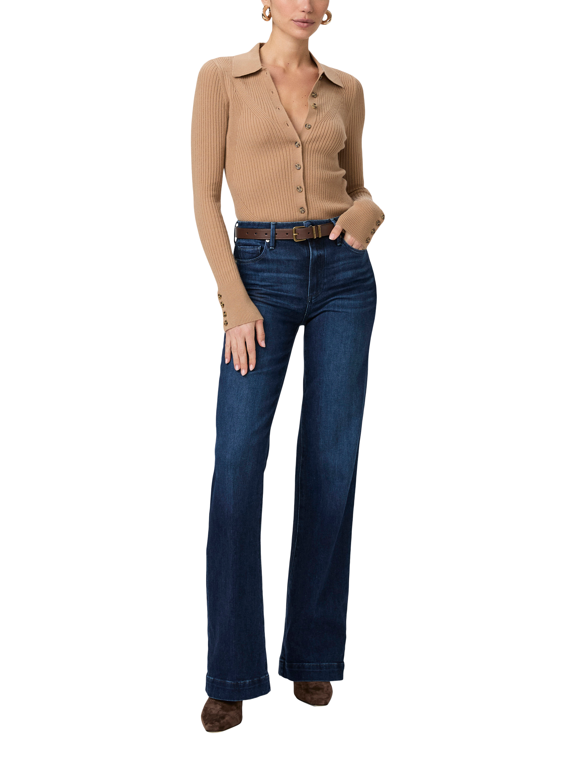 Product image 1 of 5, which shows PAIGE Leenah Wide Leg Jeans, Praline, 24