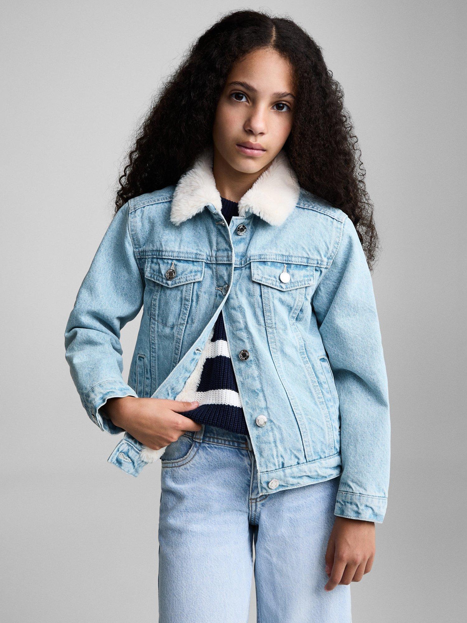 Mango Kids Lisa Faux Fur Contrast Collar Denim Jacket Open Blue