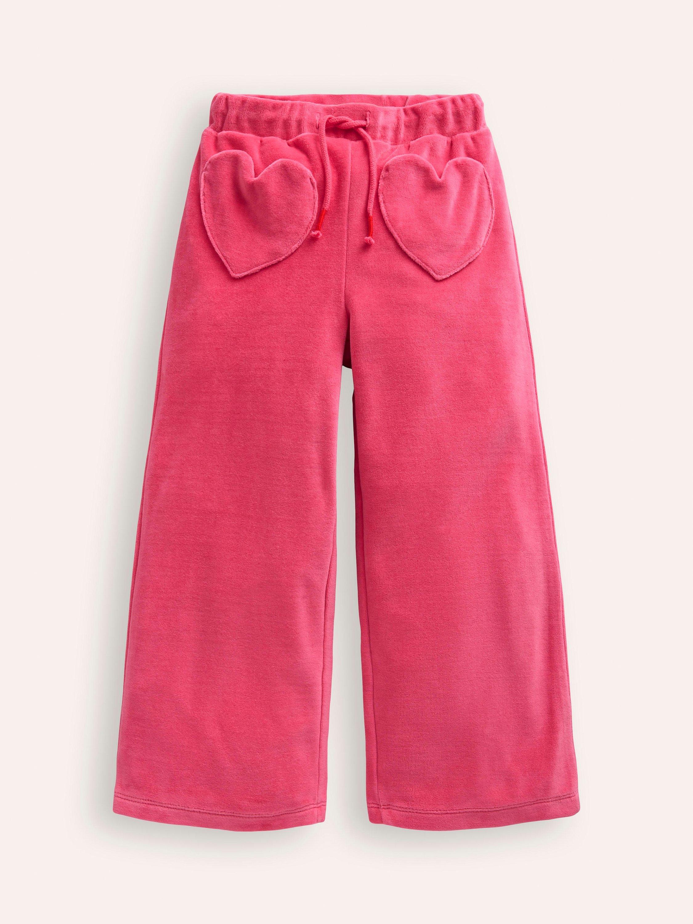 Product image 1 of 3, which shows Mini Boden Kids' Heart Pocket Velour Drawstring Wide Leg Joggers, Rose Pink, 2-3 years