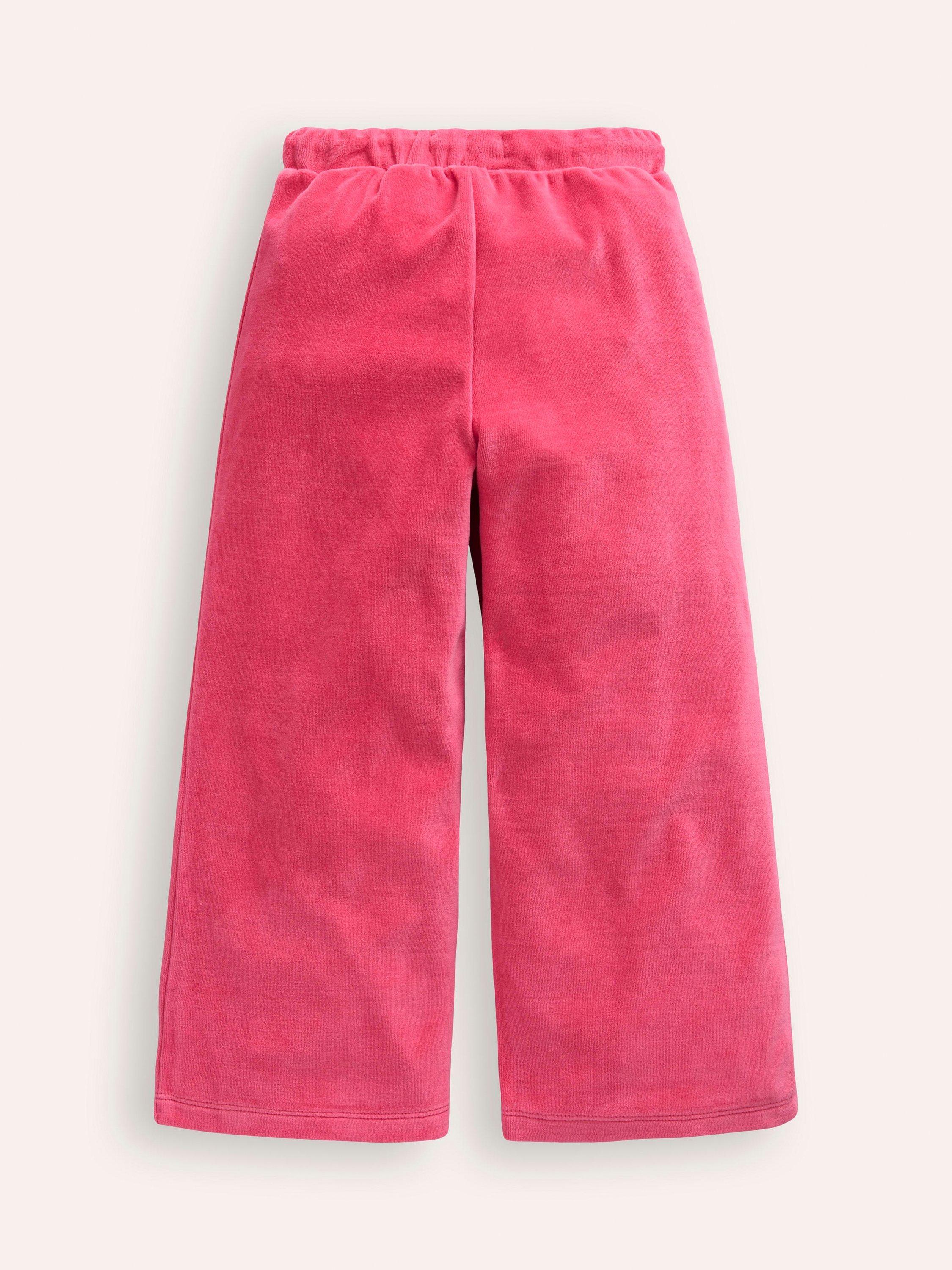 Product image 2 of 3, which shows Mini Boden Kids' Heart Pocket Velour Drawstring Wide Leg Joggers, Rose Pink, 2-3 years