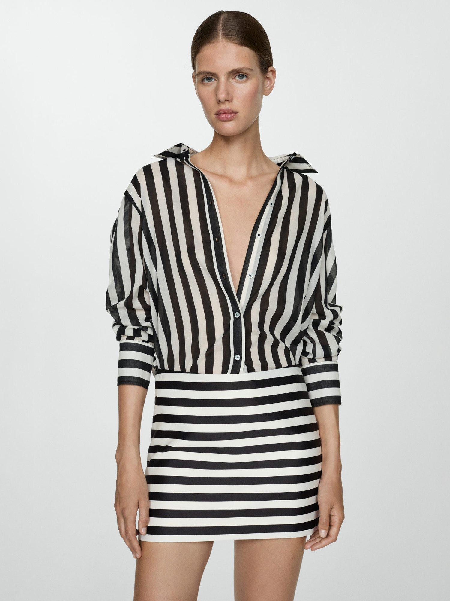 Product image 1 of 7, which shows Mango Luxor Stripe Mini Skirt, Natural White, S