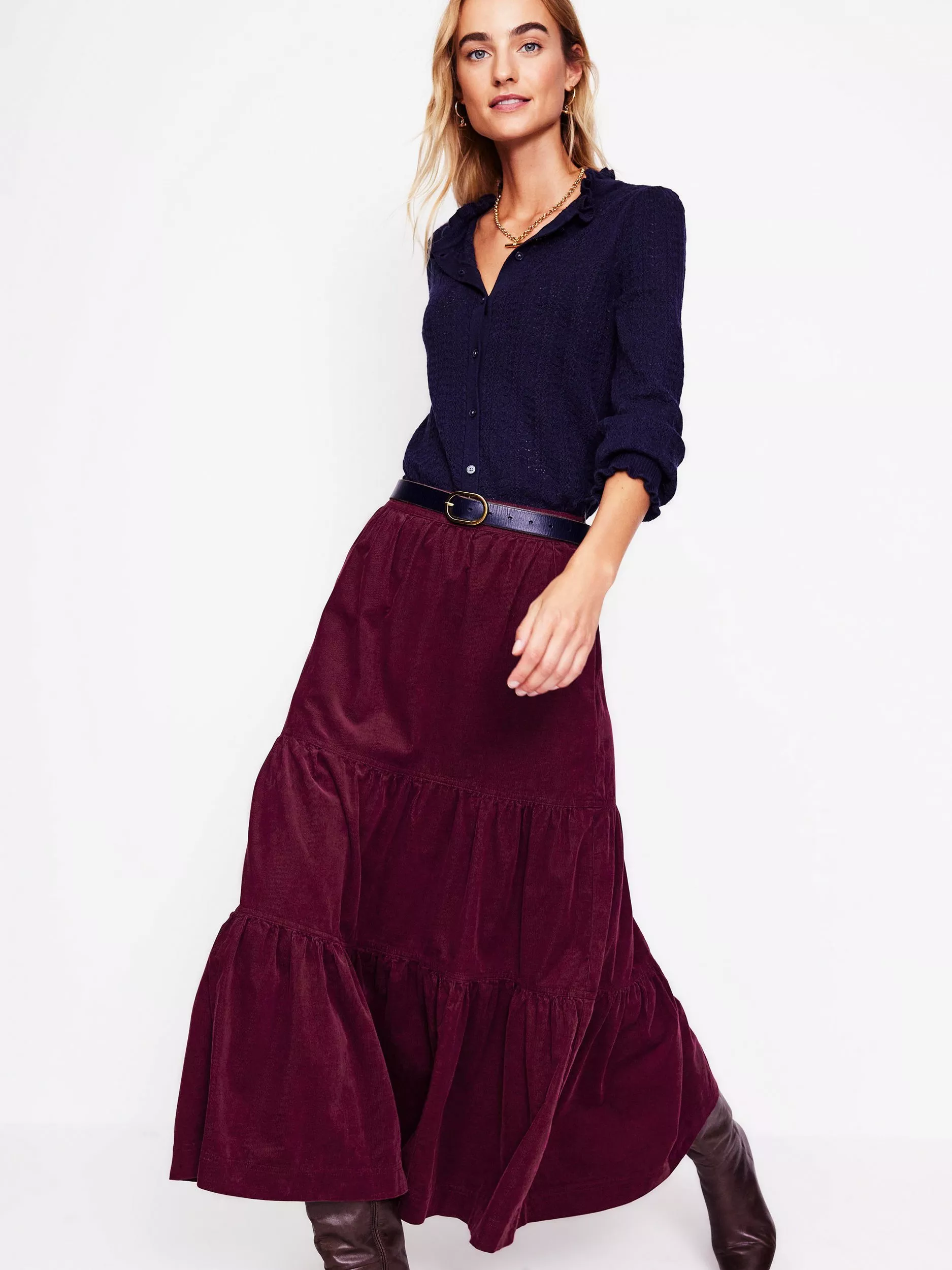 Boden Viv Cord Tiered Maxi Skirt Deep Wisteria