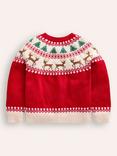 Mini Boden Kids' Edie Fair Isle Cardigan, Poppy Red Reindeer