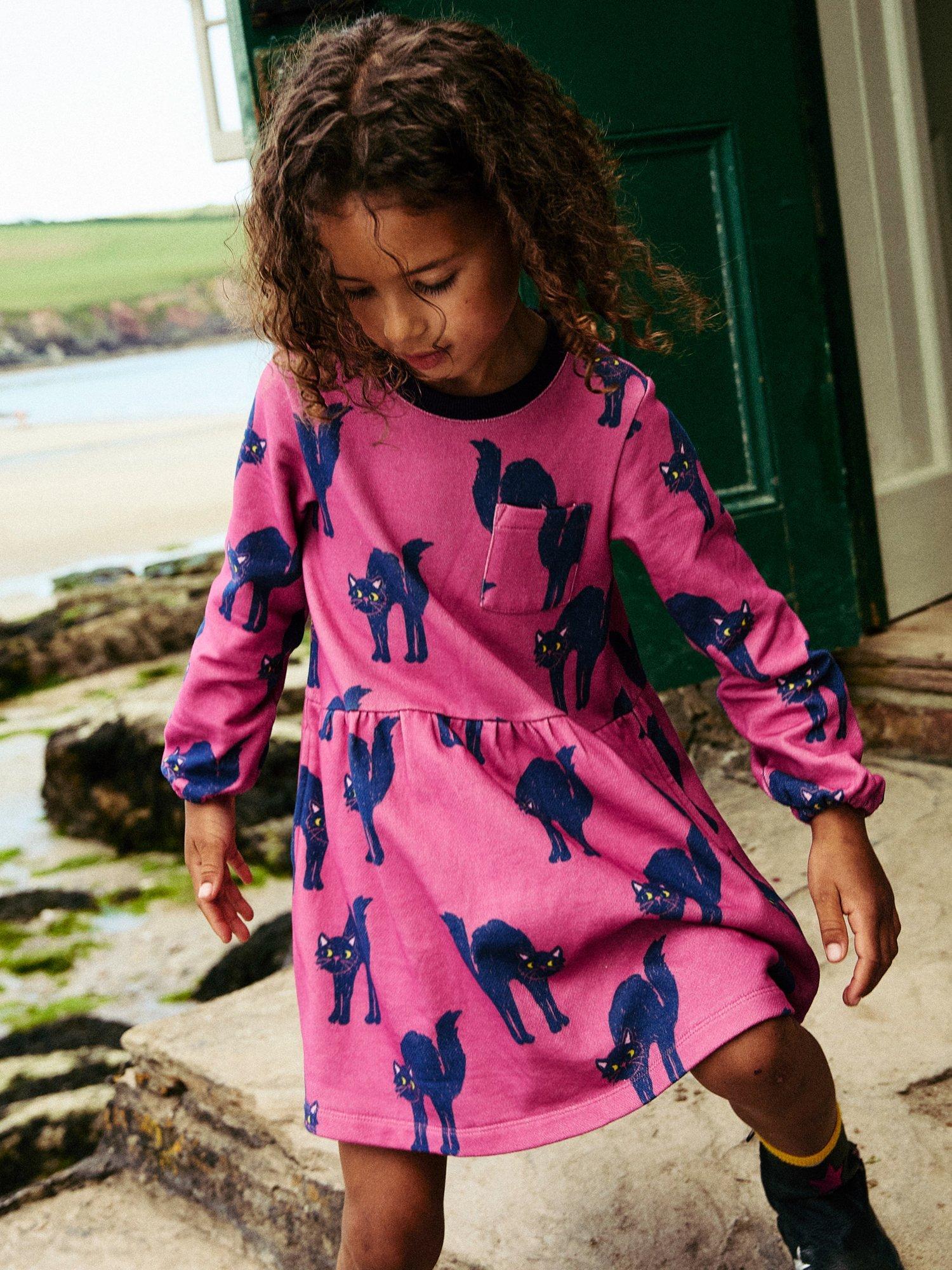 Mini Boden Kids Loopback Cotton Long Sleeve Twirl Dress Tickled Pink Cats